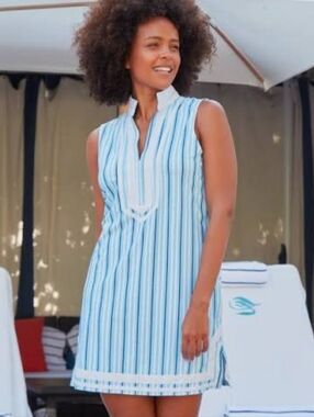 Cabana Life Blue and White Striped Sleeveless Tunic Dress Resort Cover-up SZ M